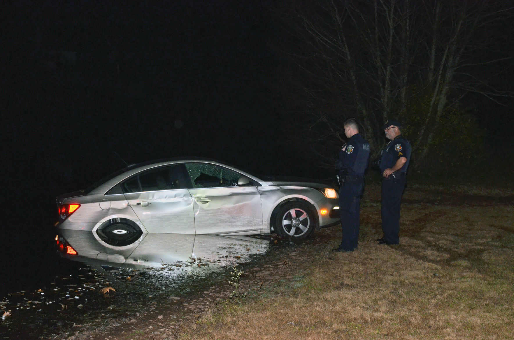 Car into pond at college
